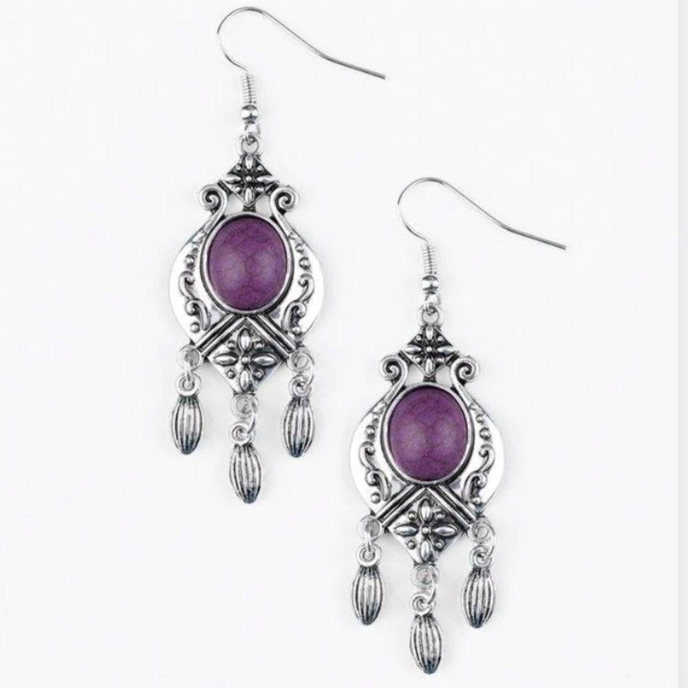 Purple Boho Silver Earrings